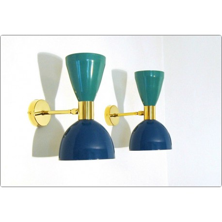 Pair of Wall Sconces Art. A-022 - Metal Lampshade - Brass structure - Green / Blue Color
