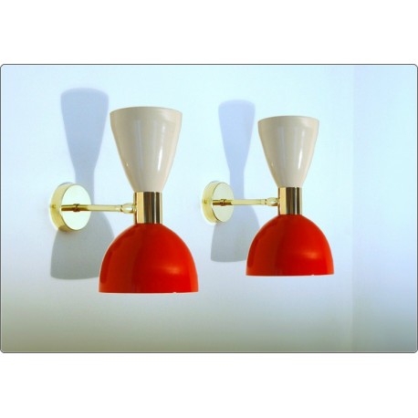 Pair of Wall Sconces Art. A-034 - Metal Lampshade - Brass structure - WHITE / RED Color