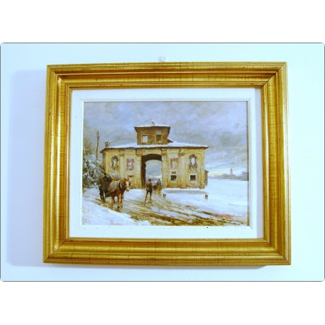 Rialdo Guizzardi ( Milano 1920 ) Oil on wood - Milano Winter snow