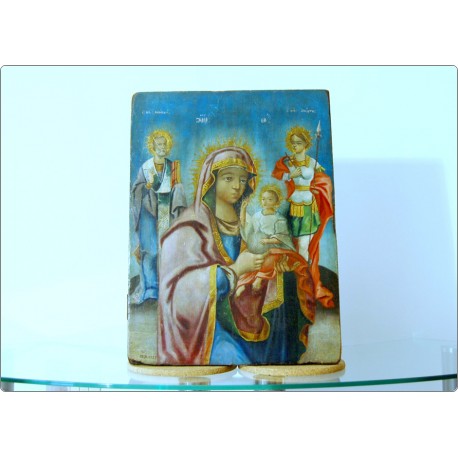 Icona Bizantina - Dipinto su Legno - Madonna con Bambino - 19th Century